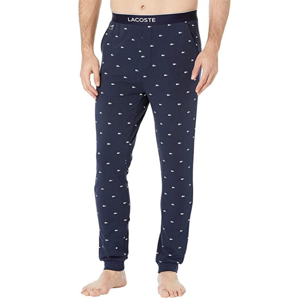 Lacoste Pyjama Pants Men's Large Navy Blue Cotton Stretch Elastic Waist RED1136